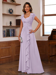 A Line Princess V Neck Short Sleeves Pleated Mother Of The Bride Groom Dresses With Ruffles Appliques