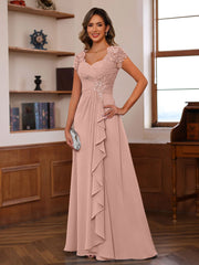 A Line Princess V Neck Short Sleeves Pleated Mother Of The Bride Groom Dresses With Ruffles Appliques