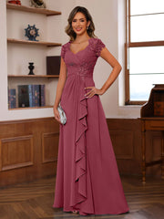 A-Line/Princess V-Neck Short Sleeves Pleated Mother of the Bride & Groom Dresses with Ruffles & Appliques