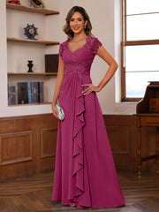 A Line Princess V Neck Short Sleeves Pleated Mother Of The Bride Groom Dresses With Ruffles Appliques