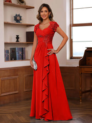 A Line Princess V Neck Short Sleeves Pleated Mother Of The Bride Groom Dresses With Ruffles Appliques