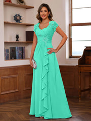 A Line Princess V Neck Short Sleeves Pleated Mother Of The Bride Groom Dresses With Ruffles Appliques