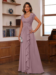A Line Princess V Neck Short Sleeves Pleated Mother Of The Bride Groom Dresses With Ruffles Appliques
