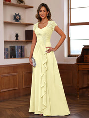 A Line Princess V Neck Short Sleeves Pleated Mother Of The Bride Groom Dresses With Ruffles Appliques