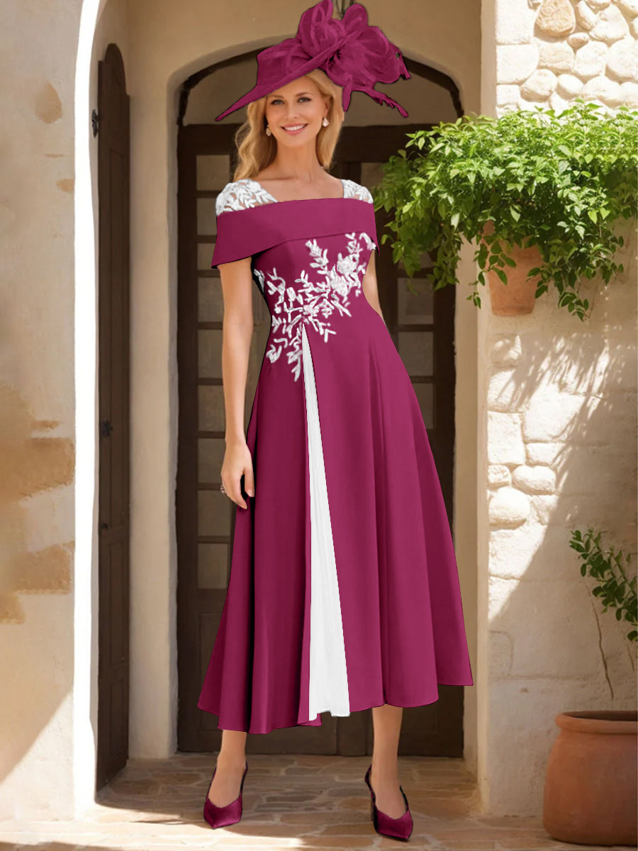 A Line Princess Square Neck Short Sleeves Mother Of The Bride Dresses With Ruffles Appliques