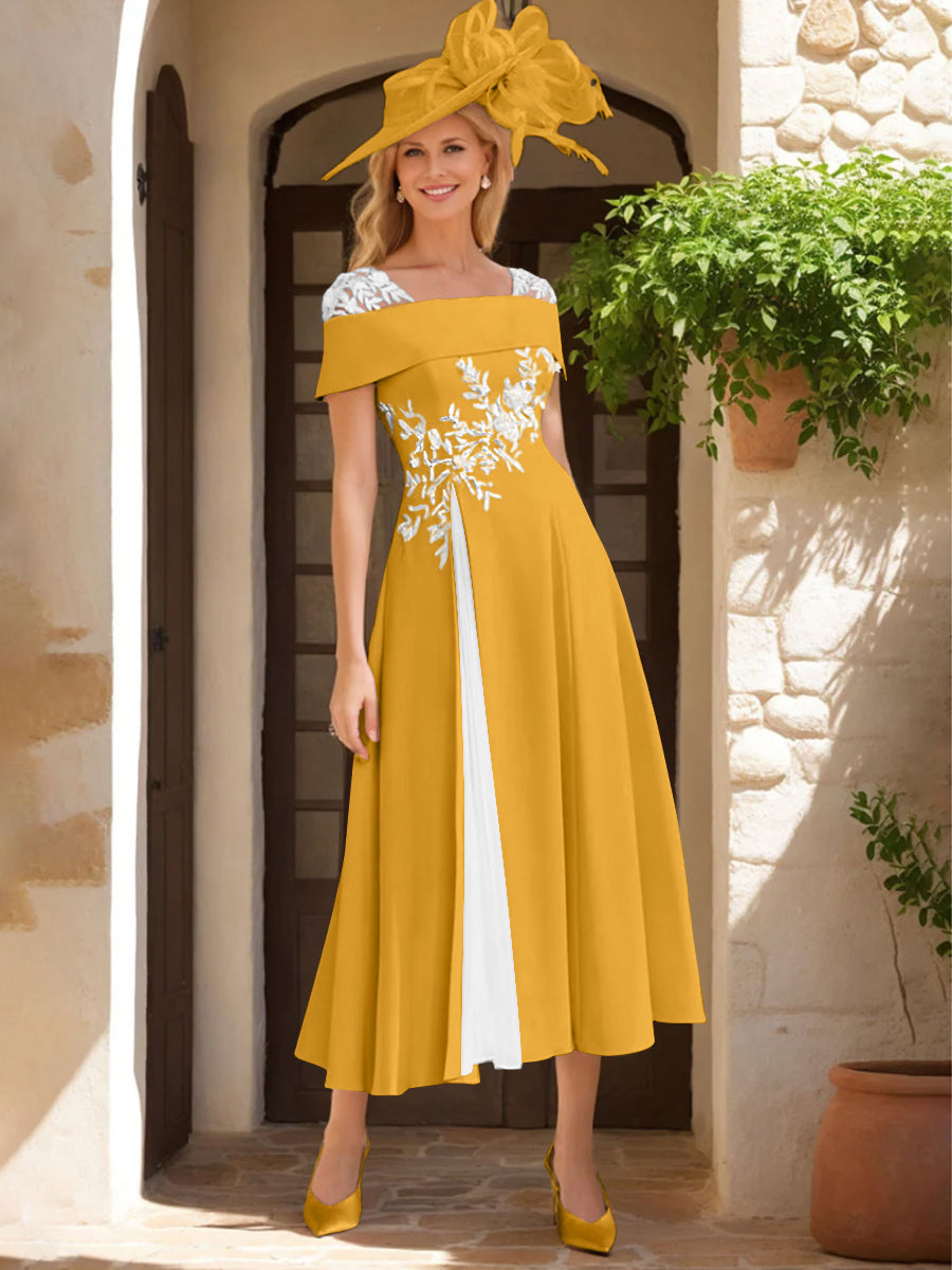 A Line Princess Square Neck Short Sleeves Mother Of The Bride Dresses With Ruffles Appliques