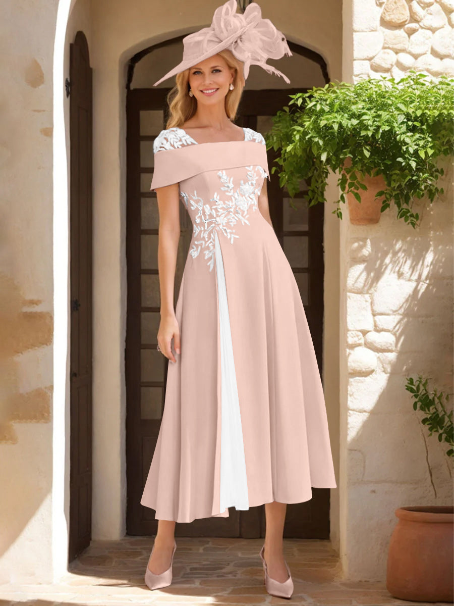 A Line Princess Square Neck Short Sleeves Mother Of The Bride Dresses With Ruffles Appliques
