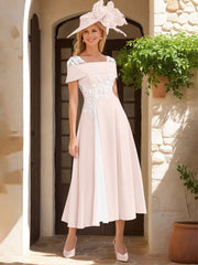A Line Princess Square Neck Short Sleeves Mother Of The Bride Dresses With Ruffles Appliques