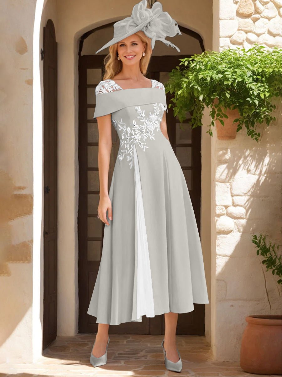 A Line Princess Square Neck Short Sleeves Mother Of The Bride Dresses With Ruffles Appliques
