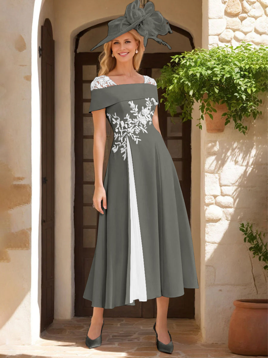 A Line Princess Square Neck Short Sleeves Mother Of The Bride Dresses With Ruffles Appliques