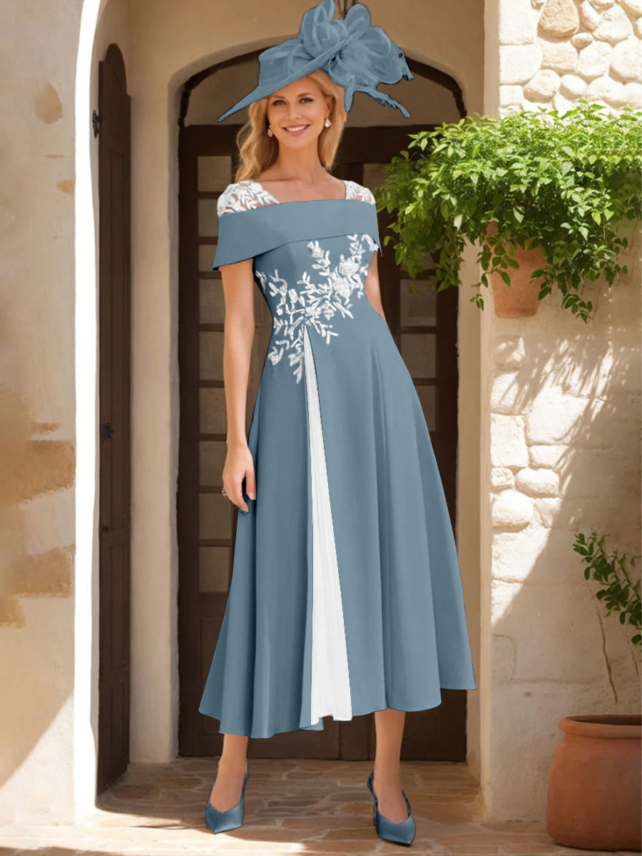 A Line Princess Square Neck Short Sleeves Mother Of The Bride Dresses With Ruffles Appliques