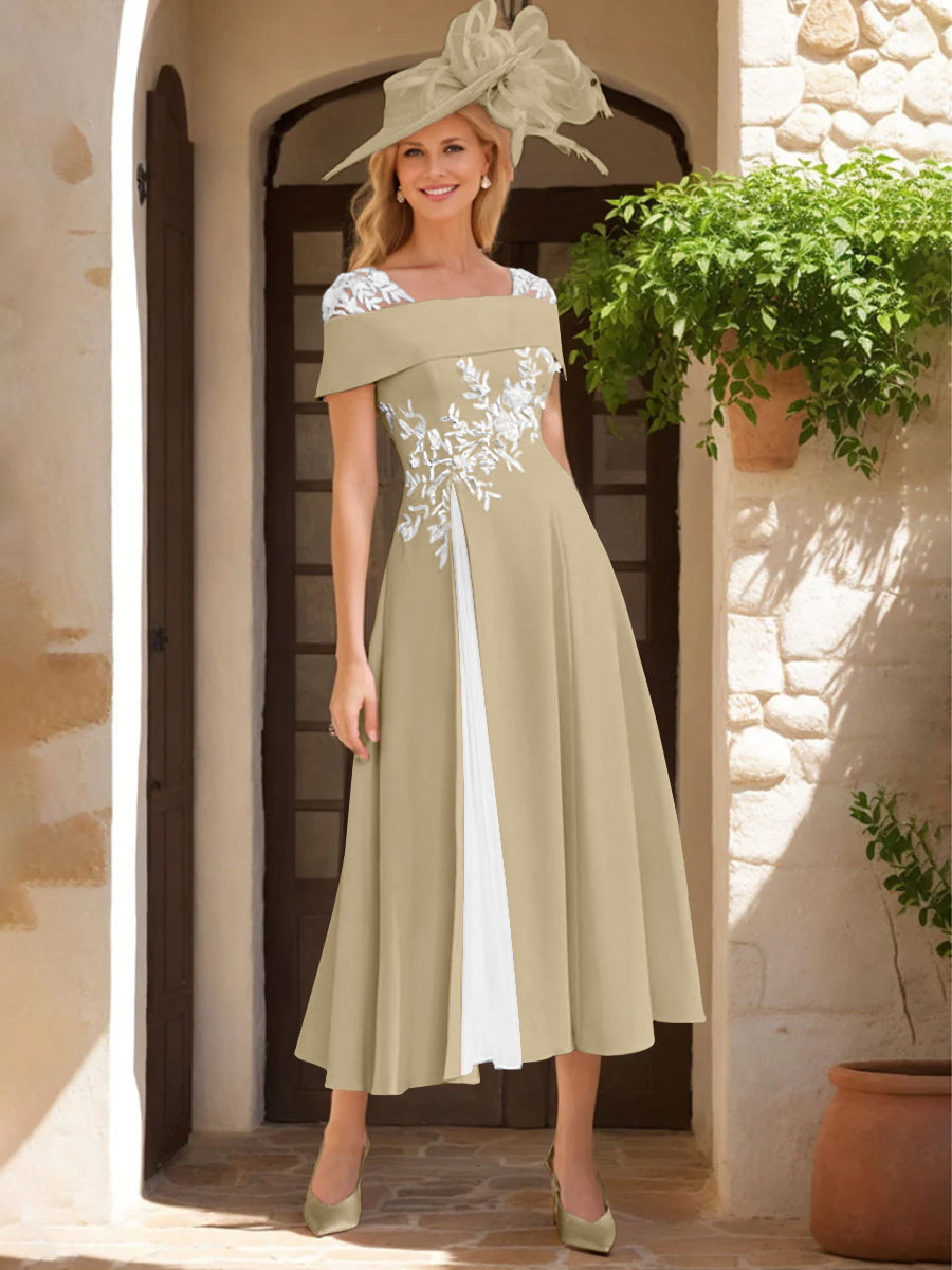 A Line Princess Square Neck Short Sleeves Mother Of The Bride Dresses With Ruffles Appliques