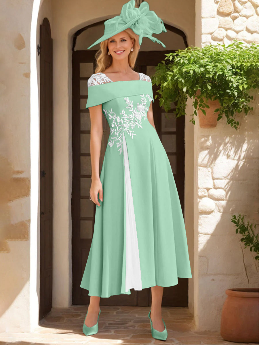 A Line Princess Square Neck Short Sleeves Mother Of The Bride Dresses With Ruffles Appliques