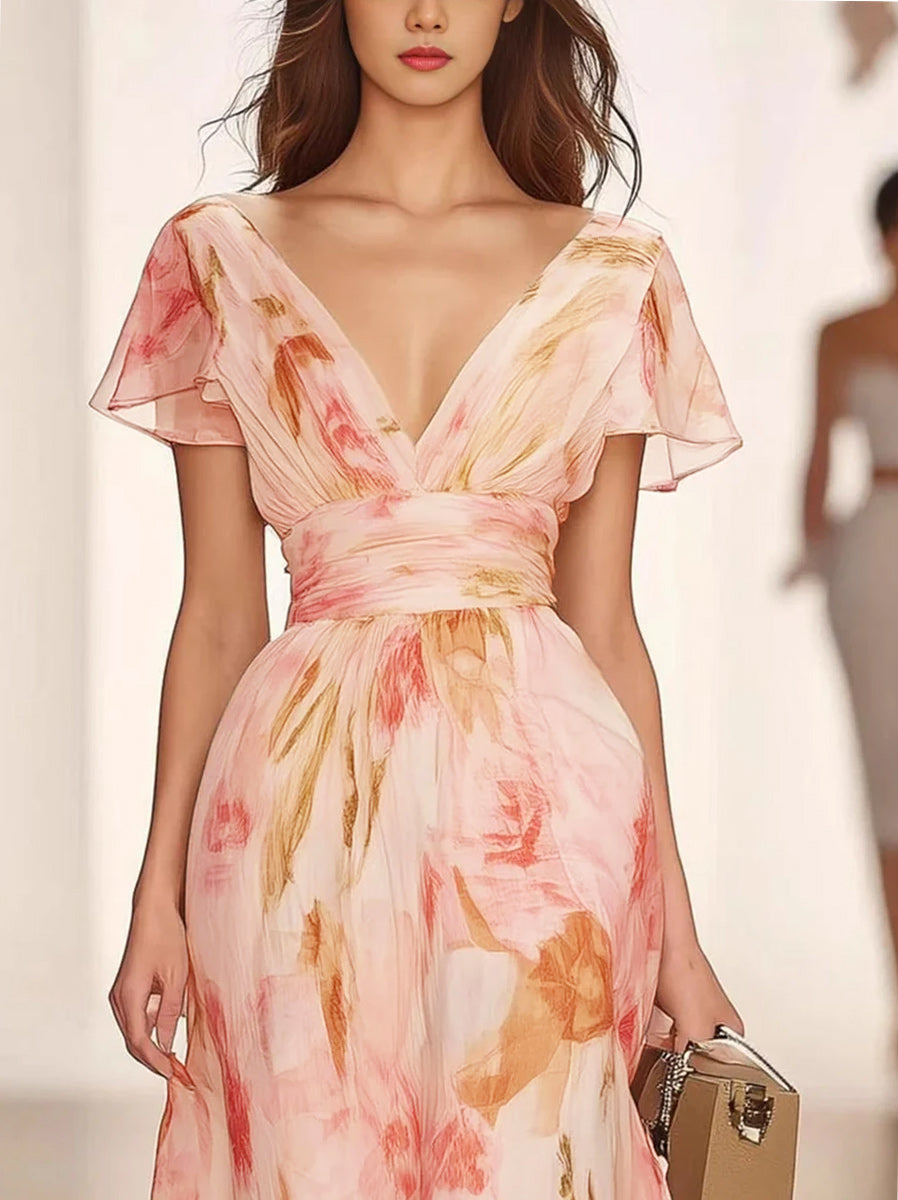 A Line Princess V Neck Short Sleeves Printed Floral Mother Of The Bride Dresses With Ruffles