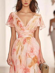 A Line Princess V Neck Short Sleeves Printed Floral Mother Of The Bride Dresses With Ruffles
