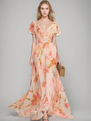 A Line Princess V Neck Short Sleeves Printed Floral Mother Of The Bride Dresses With Ruffles