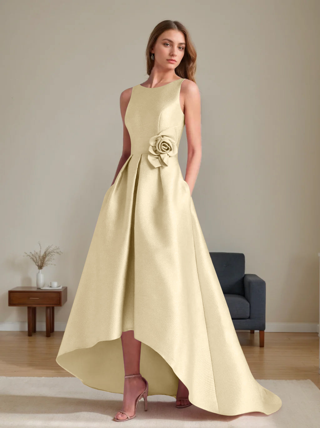 A Line Princess Scoop Sleeveless Asymmetrical Mother Of The Bride Groom Dresses With Flowers