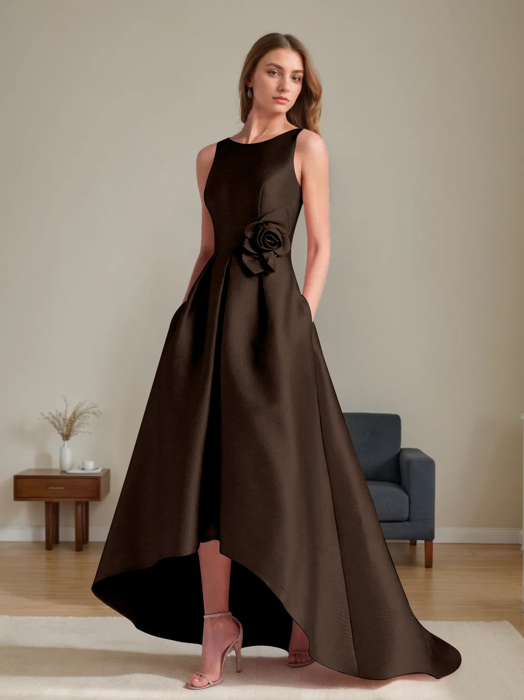 A Line Princess Scoop Sleeveless Asymmetrical Mother Of The Bride Groom Dresses With Flowers