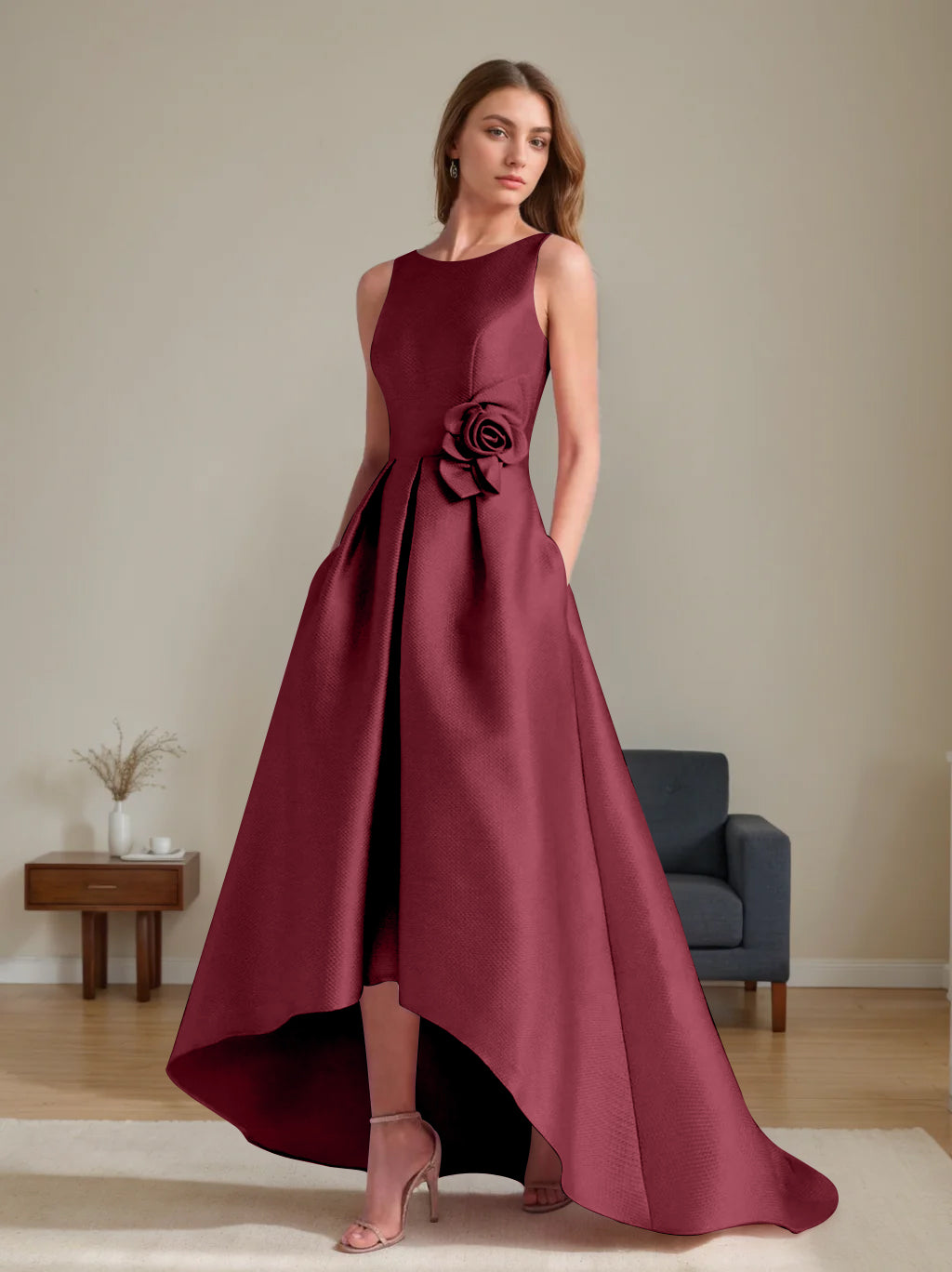 A Line Princess Scoop Sleeveless Asymmetrical Mother Of The Bride Groom Dresses With Flowers