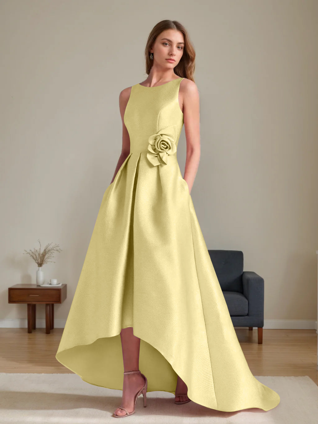 A Line Princess Scoop Sleeveless Asymmetrical Mother Of The Bride Groom Dresses With Flowers
