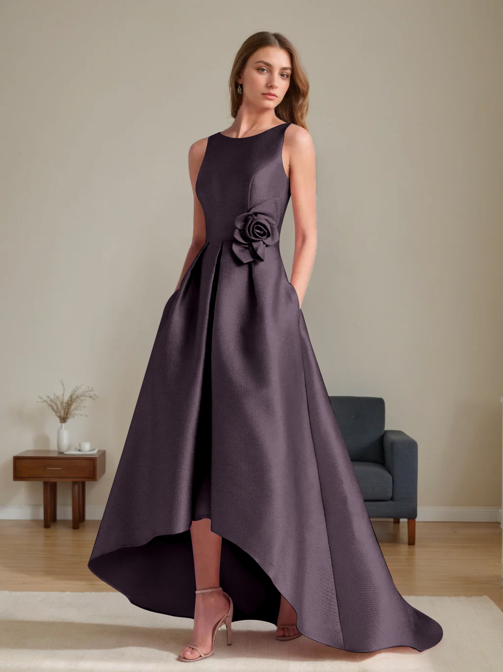 A Line Princess Scoop Sleeveless Asymmetrical Mother Of The Bride Groom Dresses With Flowers