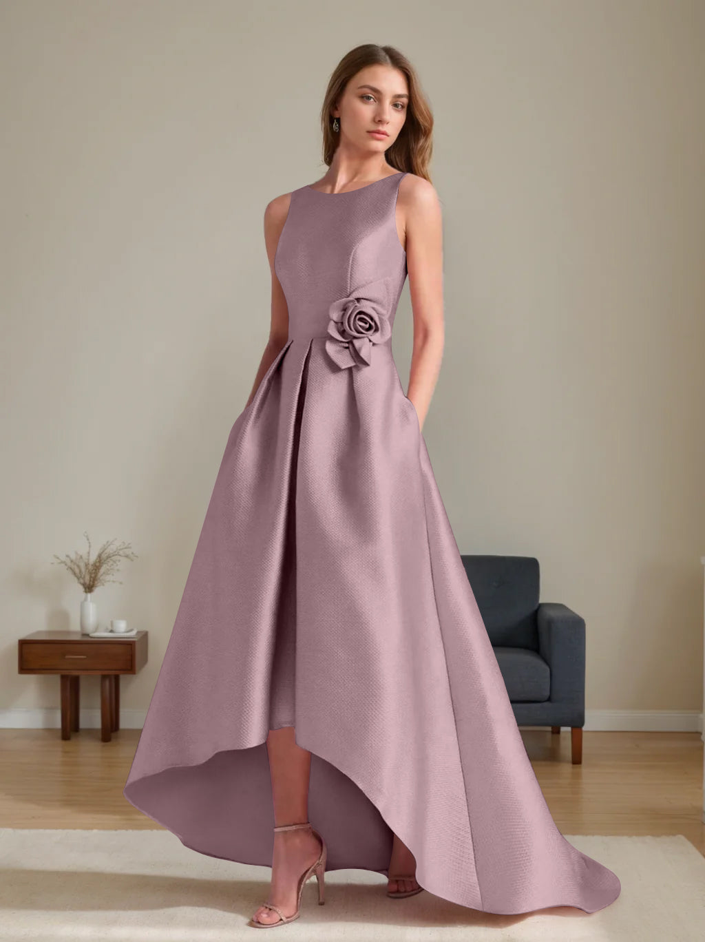 A Line Princess Scoop Sleeveless Asymmetrical Mother Of The Bride Groom Dresses With Flowers