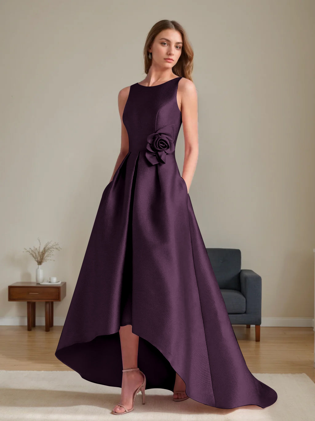 A Line Princess Scoop Sleeveless Asymmetrical Mother Of The Bride Groom Dresses With Flowers