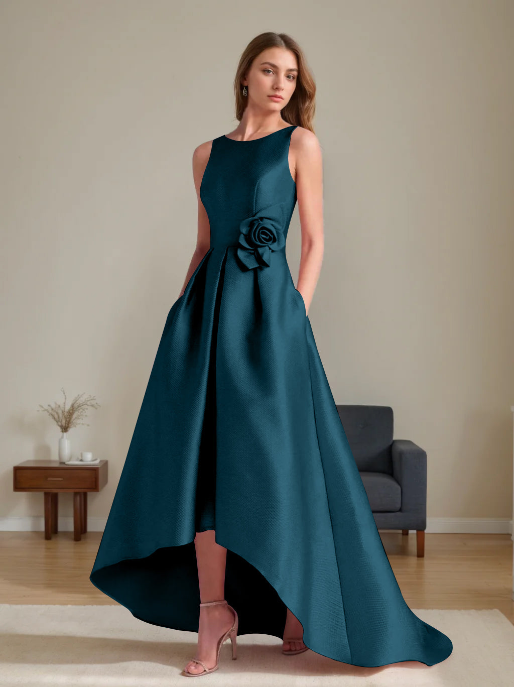 A Line Princess Scoop Sleeveless Asymmetrical Mother Of The Bride Groom Dresses With Flowers