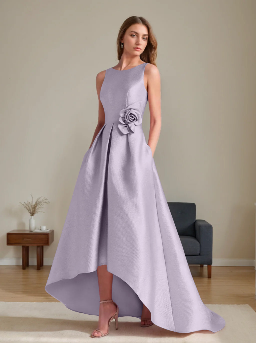 A Line Princess Scoop Sleeveless Asymmetrical Mother Of The Bride Groom Dresses With Flowers