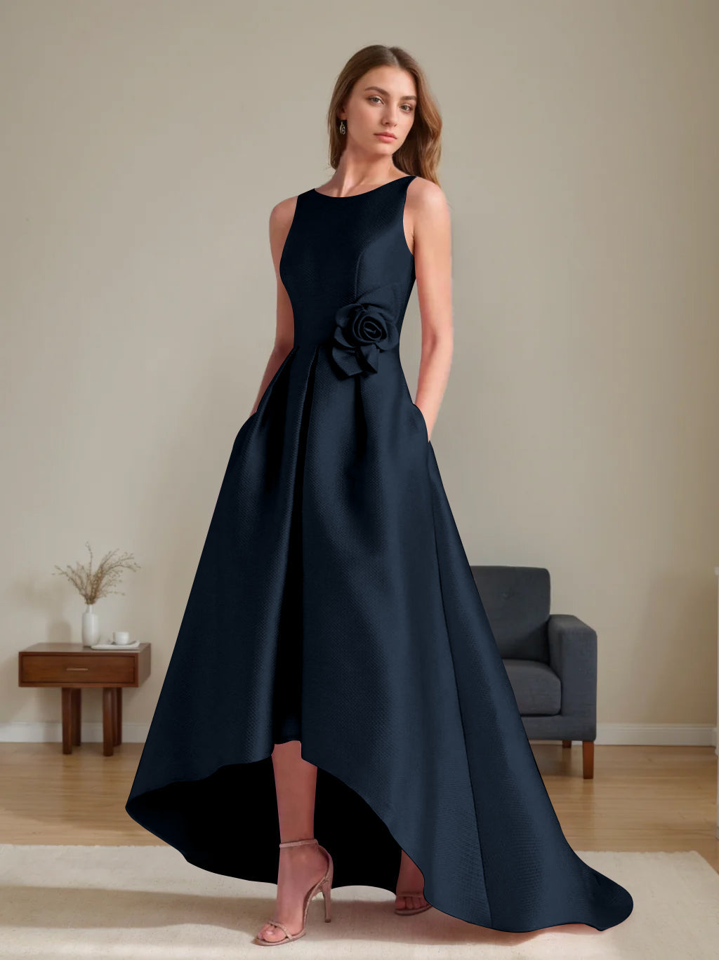 A Line Princess Scoop Sleeveless Asymmetrical Mother Of The Bride Groom Dresses With Flowers