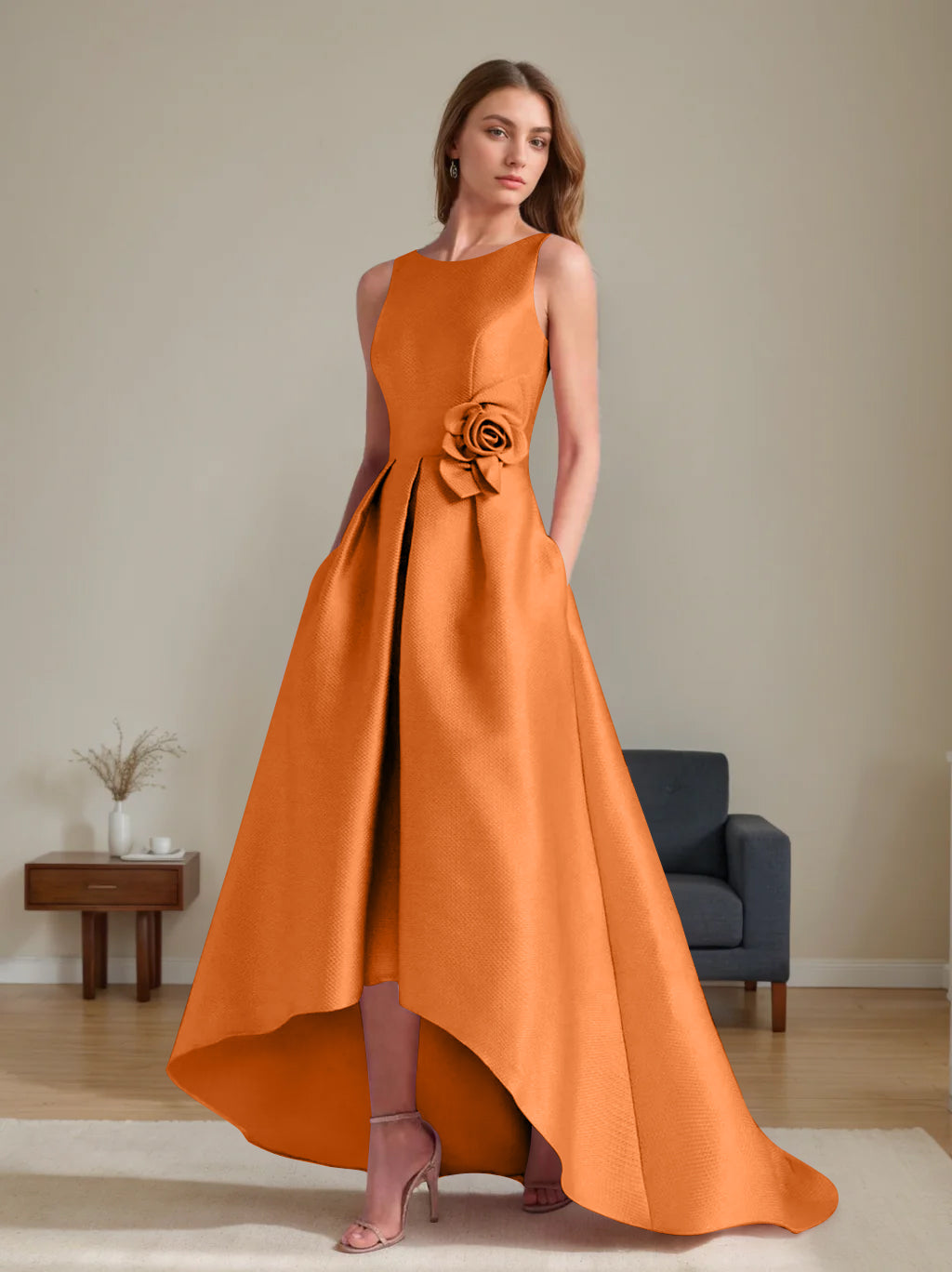 A Line Princess Scoop Sleeveless Asymmetrical Mother Of The Bride Groom Dresses With Flowers