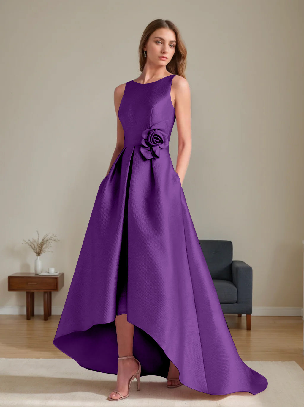 A Line Princess Scoop Sleeveless Asymmetrical Mother Of The Bride Groom Dresses With Flowers