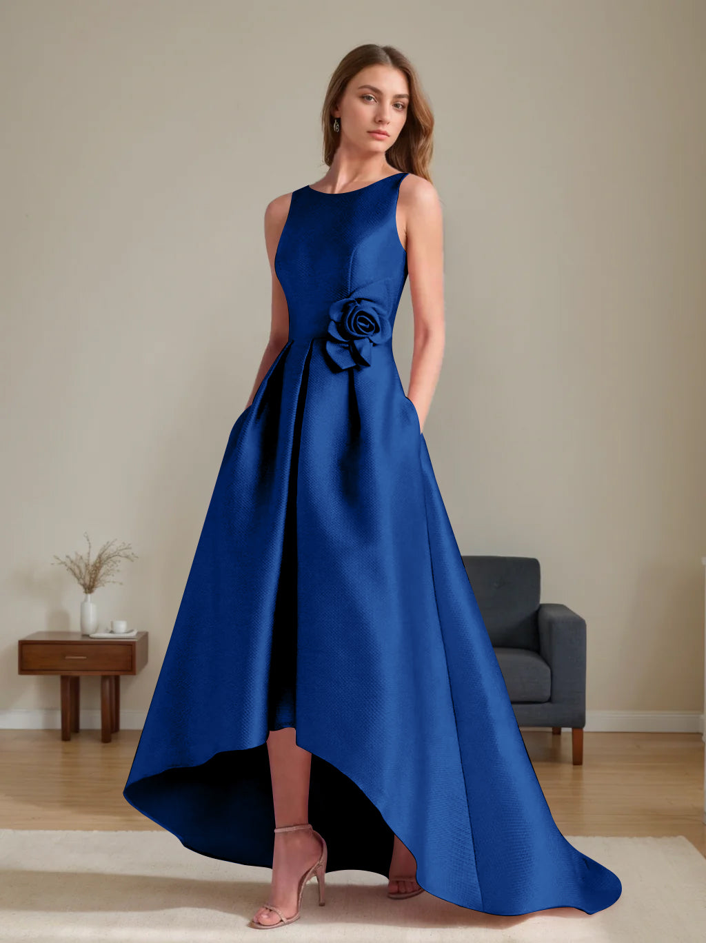 A Line Princess Scoop Sleeveless Asymmetrical Mother Of The Bride Groom Dresses With Flowers