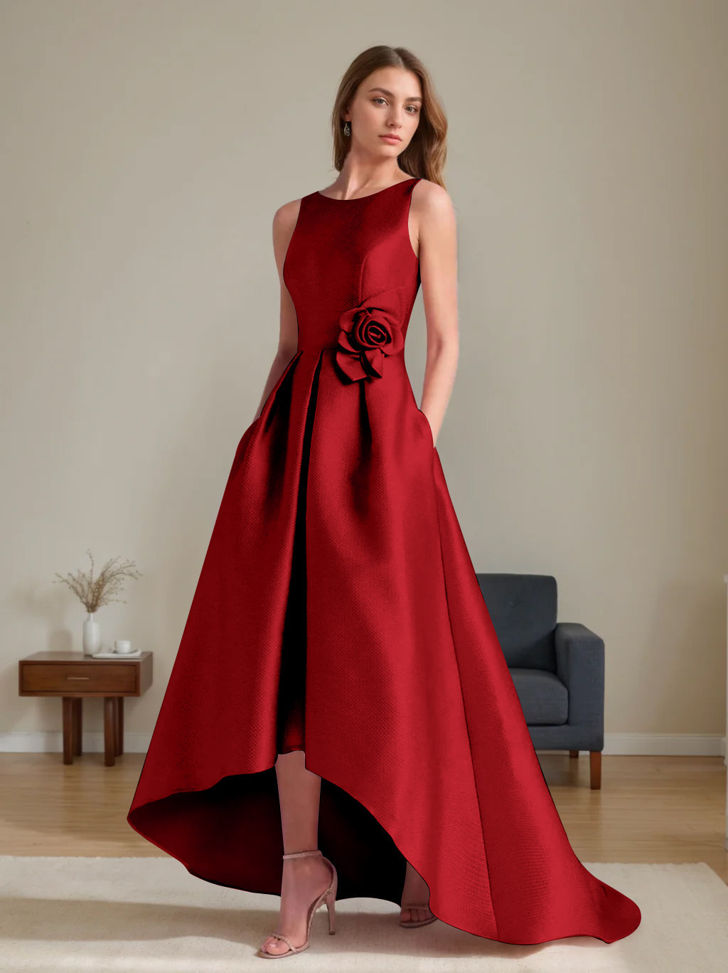 A Line Princess Scoop Sleeveless Asymmetrical Mother Of The Bride Groom Dresses With Flowers