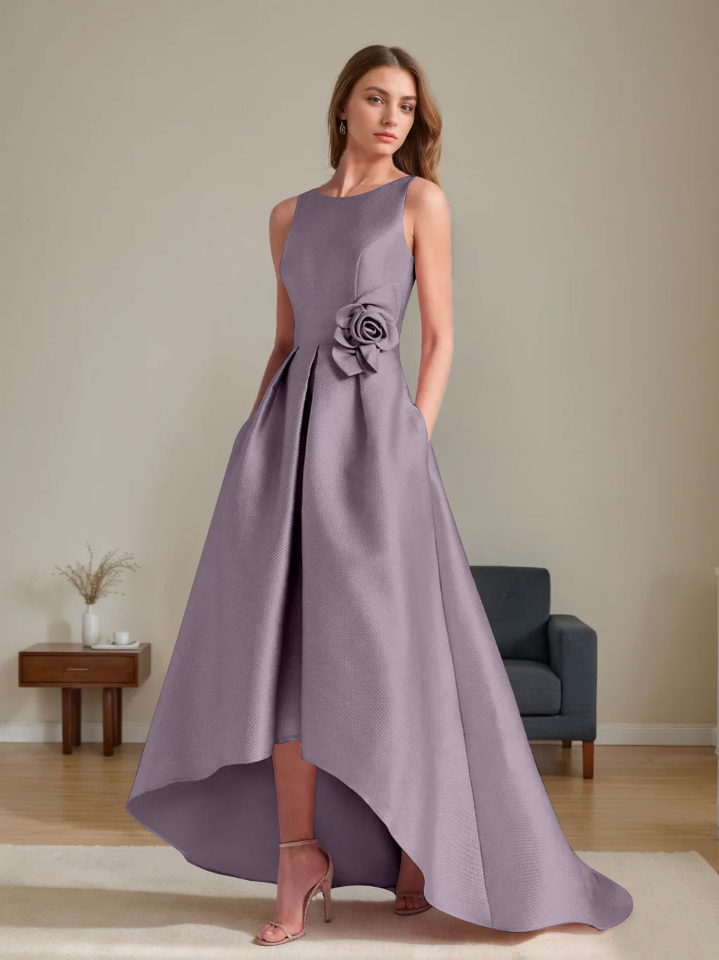 A Line Princess Scoop Sleeveless Asymmetrical Mother Of The Bride Groom Dresses With Flowers