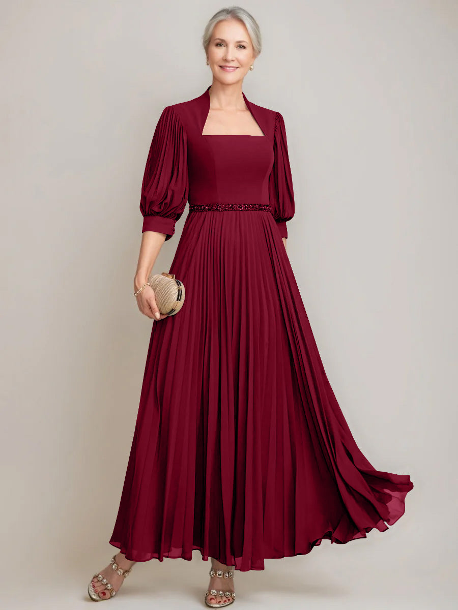 A Line Princess Queen Anne Neckline Ankle Length Pleated Mother Of The Bride Dresses With Sequins Beads