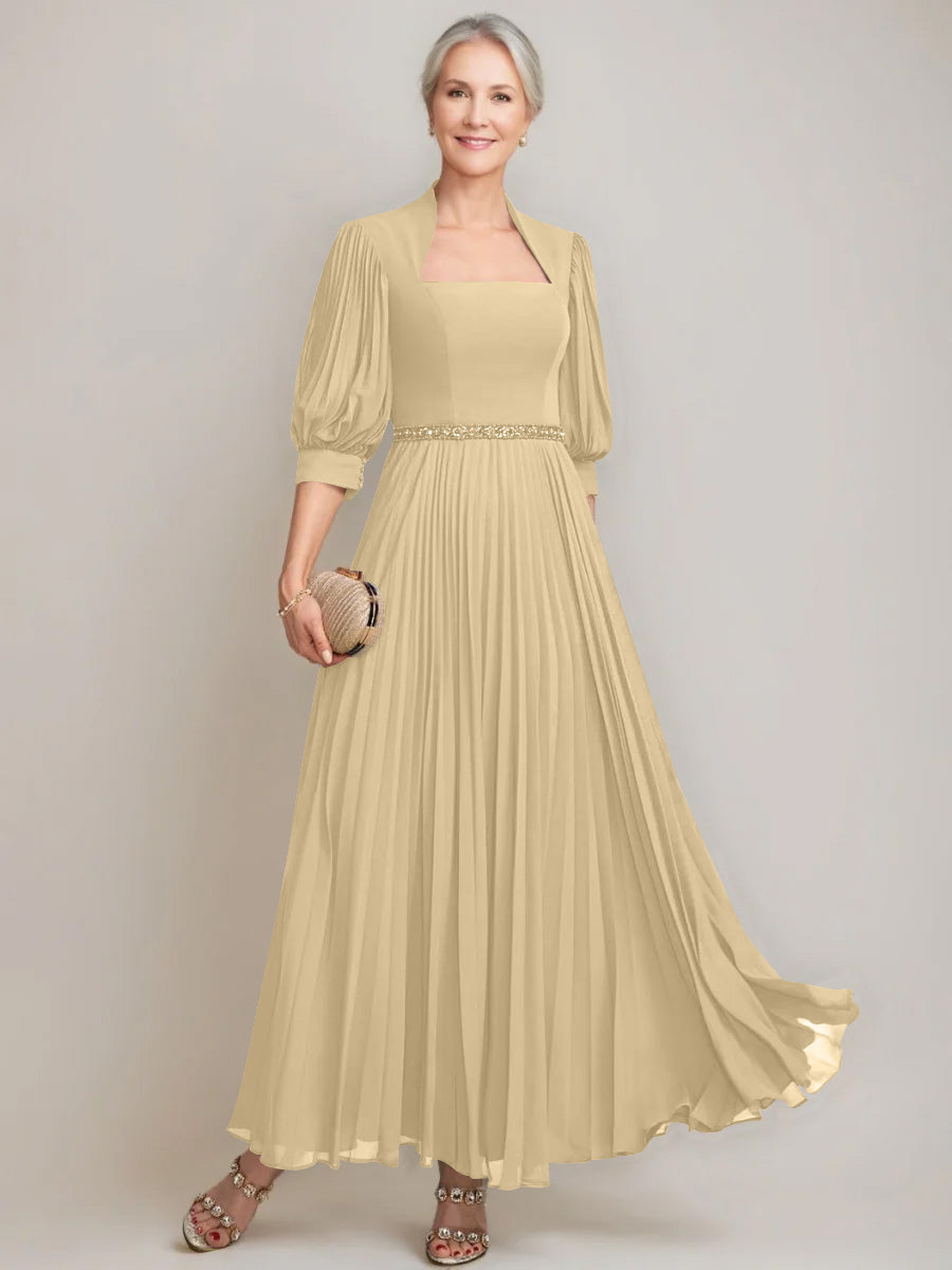A Line Princess Queen Anne Neckline Ankle Length Pleated Mother Of The Bride Dresses With Sequins Beads