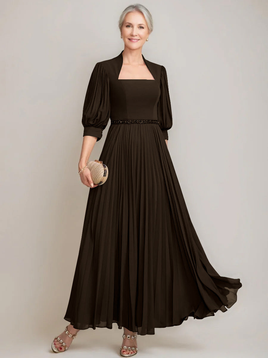 A Line Princess Queen Anne Neckline Ankle Length Pleated Mother Of The Bride Dresses With Sequins Beads