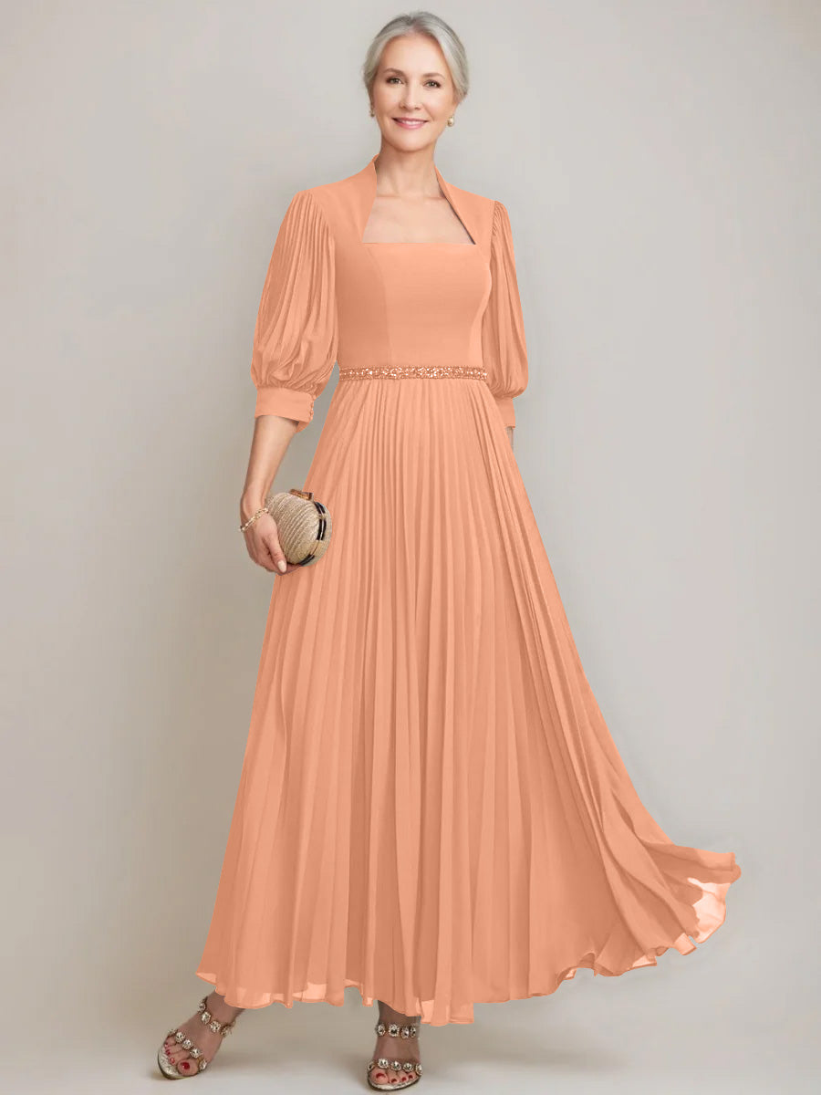 A Line Princess Queen Anne Neckline Ankle Length Pleated Mother Of The Bride Dresses With Sequins Beads