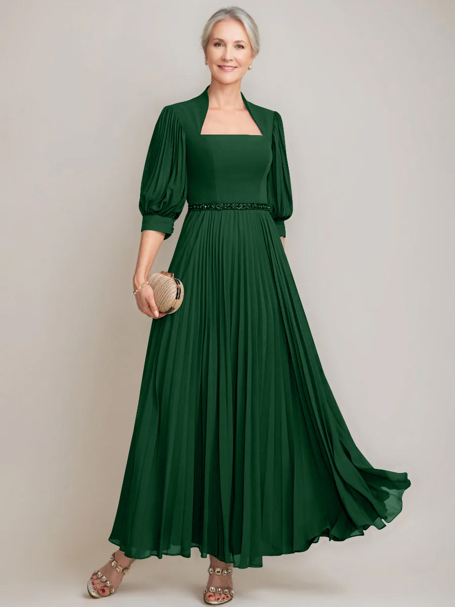 A Line Princess Queen Anne Neckline Ankle Length Pleated Mother Of The Bride Dresses With Sequins Beads