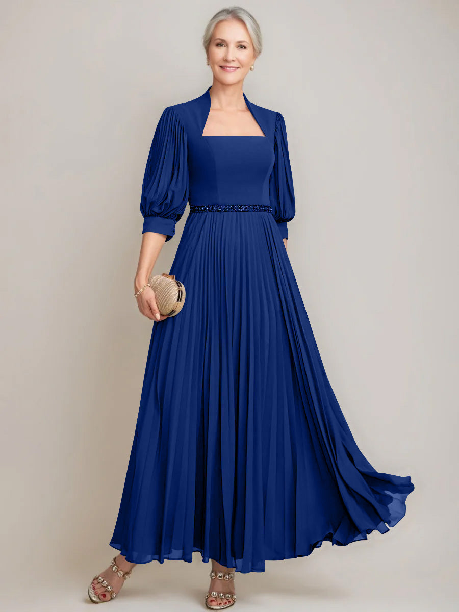 A Line Princess Queen Anne Neckline Ankle Length Pleated Mother Of The Bride Dresses With Sequins Beads