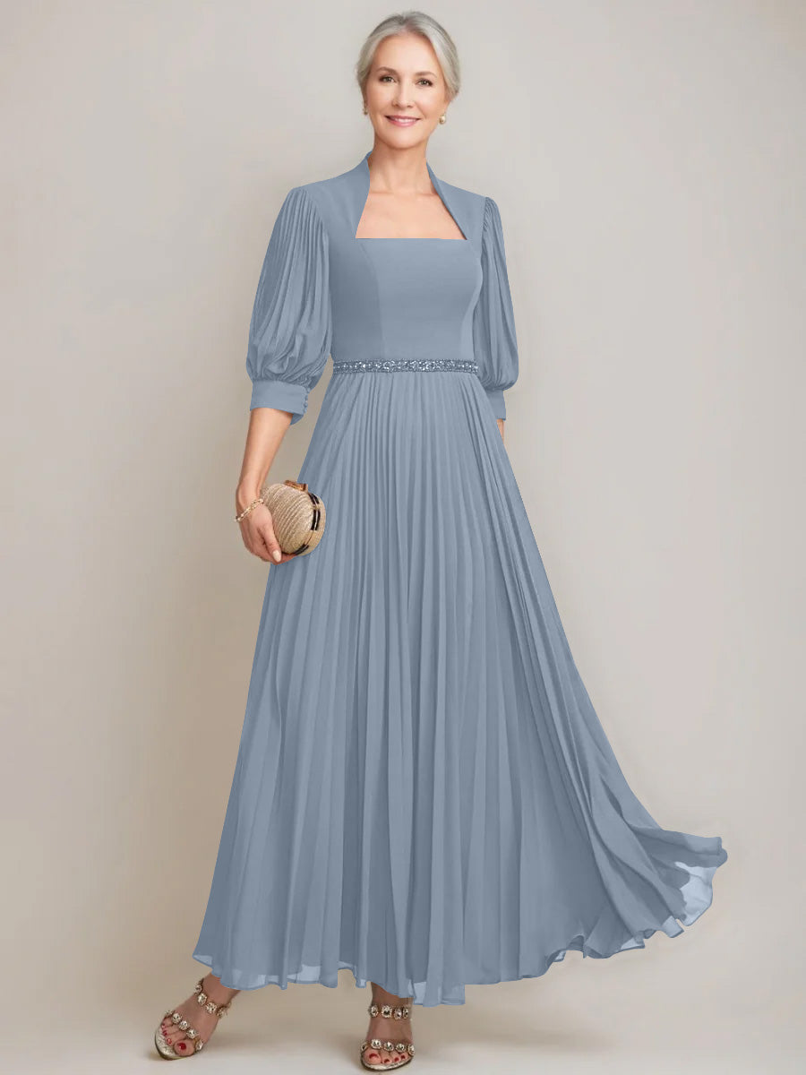 A Line Princess Queen Anne Neckline Ankle Length Pleated Mother Of The Bride Dresses With Sequins Beads