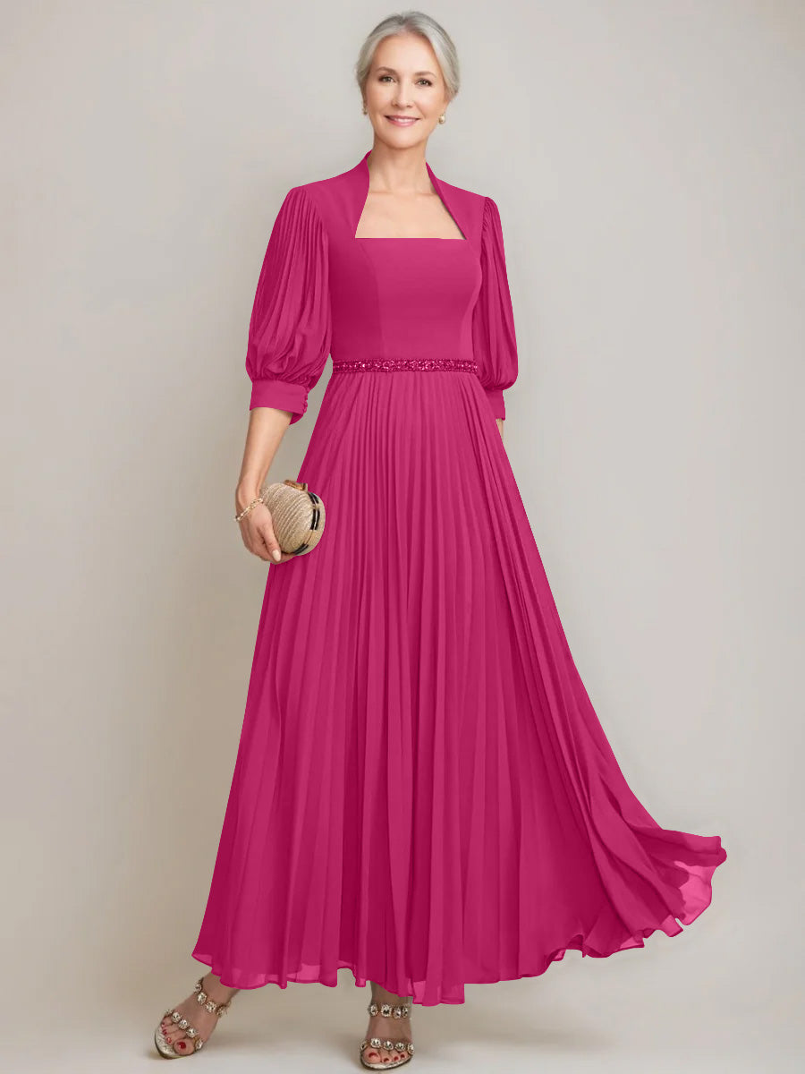 A Line Princess Queen Anne Neckline Ankle Length Pleated Mother Of The Bride Dresses With Sequins Beads