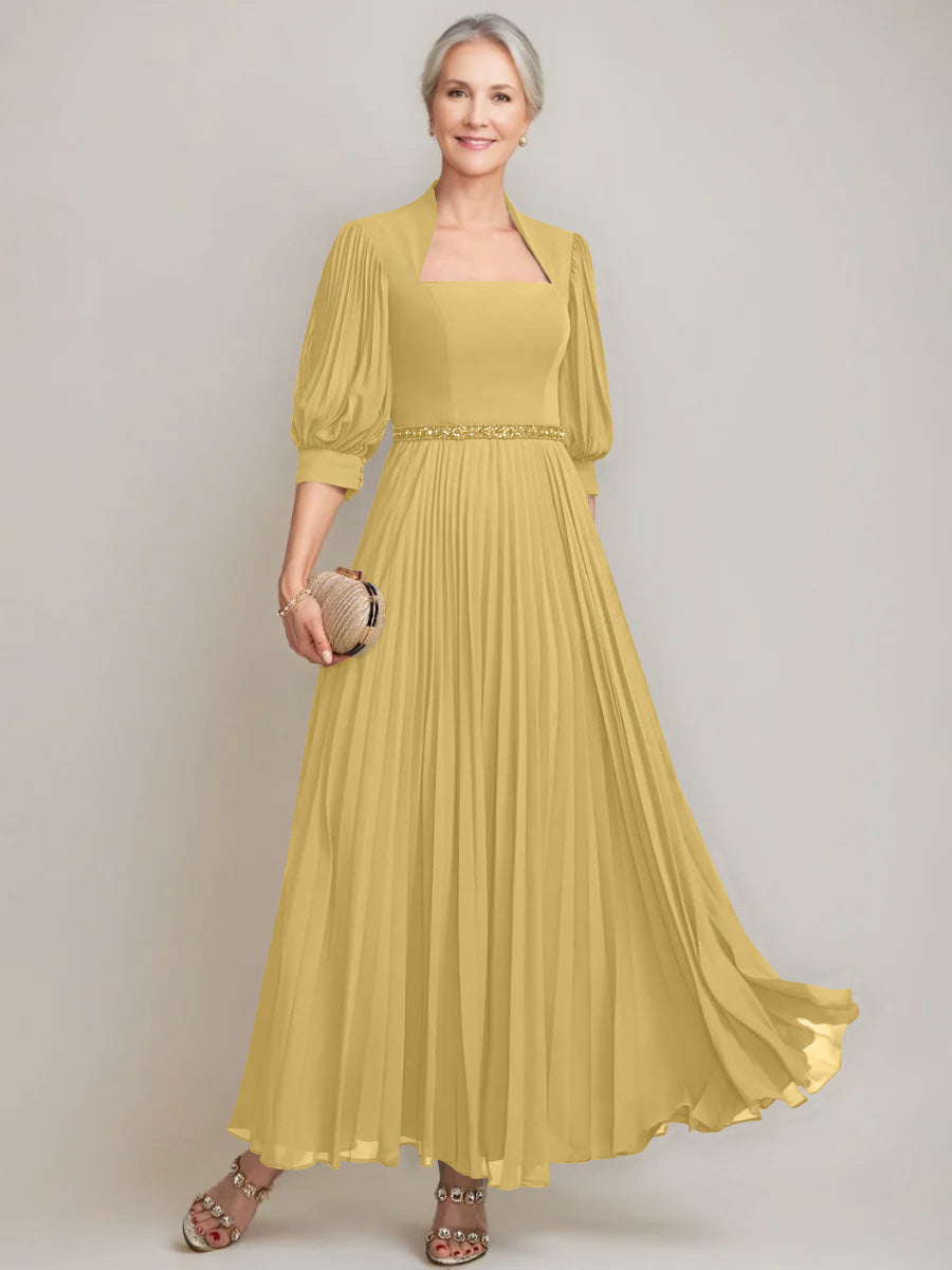 A Line Princess Queen Anne Neckline Ankle Length Pleated Mother Of The Bride Dresses With Sequins Beads
