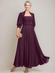 A Line Princess Queen Anne Neckline Ankle Length Pleated Mother Of The Bride Dresses With Sequins Beads