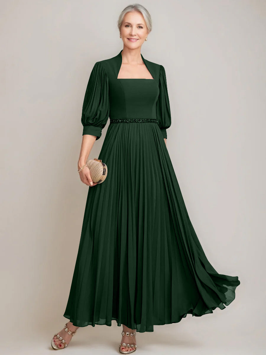A Line Princess Queen Anne Neckline Ankle Length Pleated Mother Of The Bride Dresses With Sequins Beads