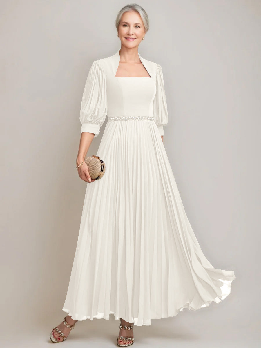 A Line Princess Queen Anne Neckline Ankle Length Pleated Mother Of The Bride Dresses With Sequins Beads