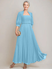 A Line Princess Queen Anne Neckline Ankle Length Pleated Mother Of The Bride Dresses With Sequins Beads