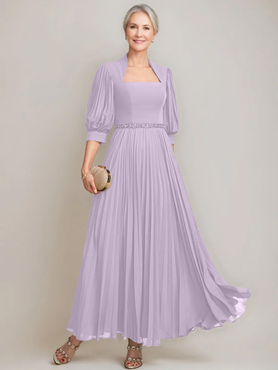 A Line Princess Queen Anne Neckline Ankle Length Pleated Mother Of The Bride Dresses With Sequins Beads