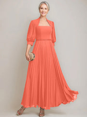 A Line Princess Queen Anne Neckline Ankle Length Pleated Mother Of The Bride Dresses With Sequins Beads